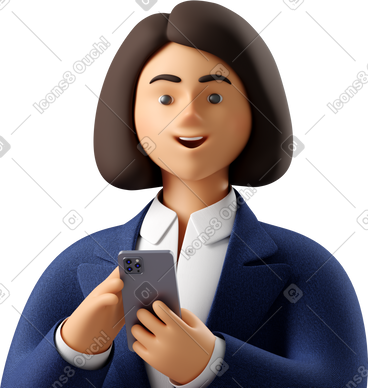 Close up of businesswoman in blue suit with phone looking straight PNG, SVG