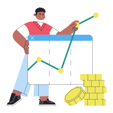 Man showing financial growth with graph and coin stack PNG, SVG