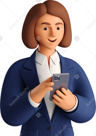 3D businesswoman in blue suit looking at phone PNG, SVG