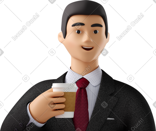 3D close up of businessman in black suit with paper coffee cup PNG, SVG