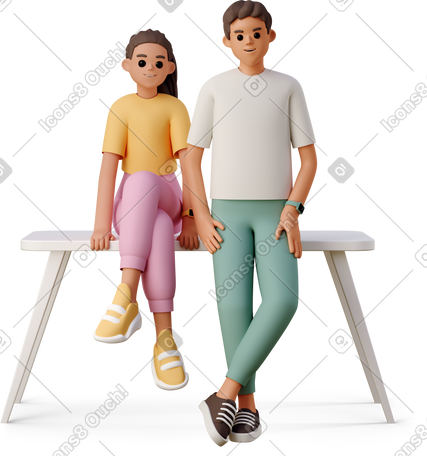 3D boy and girl sitting with gadgets on the table PNG, SVG