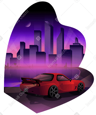 Ciudad de la noche y el coche rojo. PNG, SVG