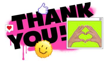 Lettering Thank You! with heart hands and smiley text PNG, SVG