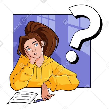 Girl sitting in class and looking up at big question mark Illustration in PNG, SVG