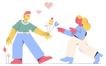 Man presenting woman with a bouquet on a date PNG, SVG