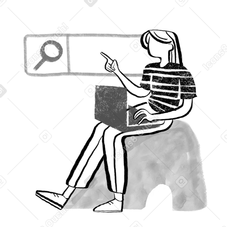 Black and white woman with long hair searching on a laptop Illustration in PNG, SVG