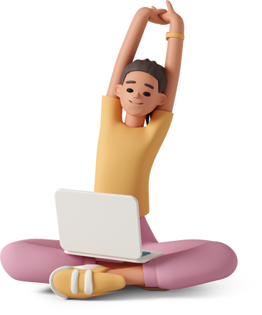 girl stretches with a laptop in her lap PNG, SVG