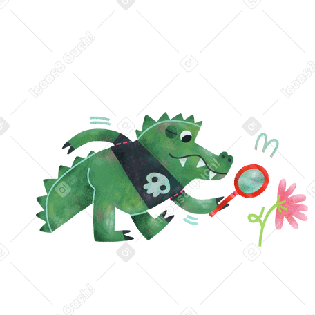 Alligator wearing tshirt and looking at flowers and searching something with magnifier PNG, SVG