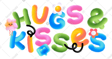 Lettering Hugs and Kisses with flowers and black spirals text PNG, SVG