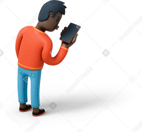 3D Back view of a black man looking at his phone Illustration in PNG, SVG