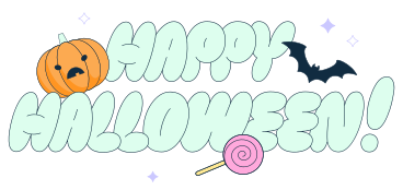 Fröhlicher halloween-schriftzug mit kürbis, süßigkeiten und fledermaus PNG, SVG