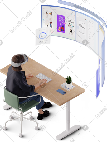 3D isometric view of young woman working in vr headset PNG, SVG