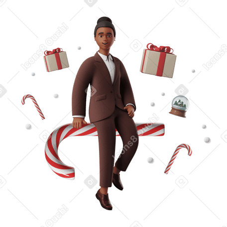 3D Businesswoman sitting on a Christmas candy cane surrounded by presents Illustration in PNG, SVG