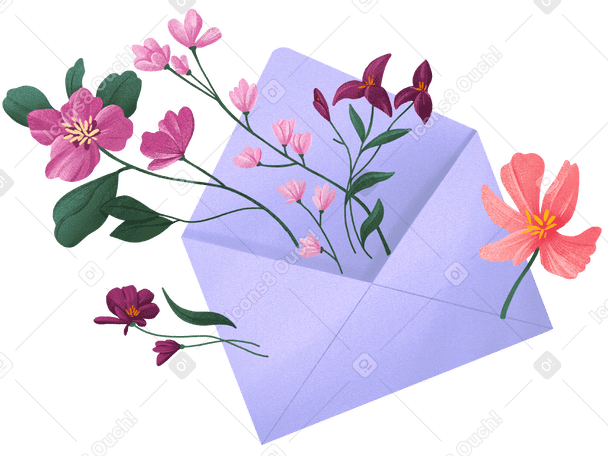 Сиреневый конверт с вылетающими из него цветами в PNG, SVG