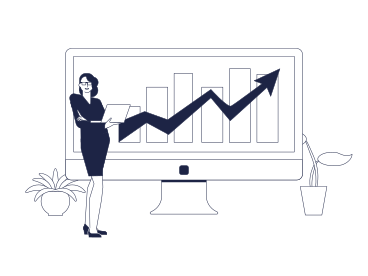 Woman with laptop on background of monitor with analytics on screen PNG, SVG