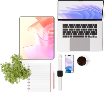 Top view of laptop, tablet, notebook, smartphone, glasses, smartwatch, cup, pencil and plant PNG, SVG