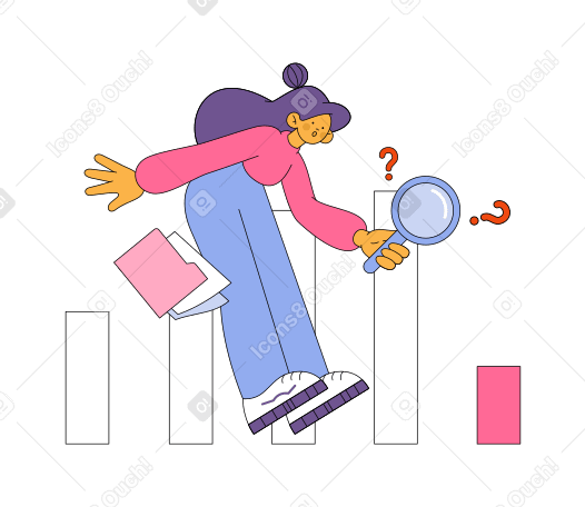 Girl with magnifying glass examins statistics Illustration in PNG, SVG