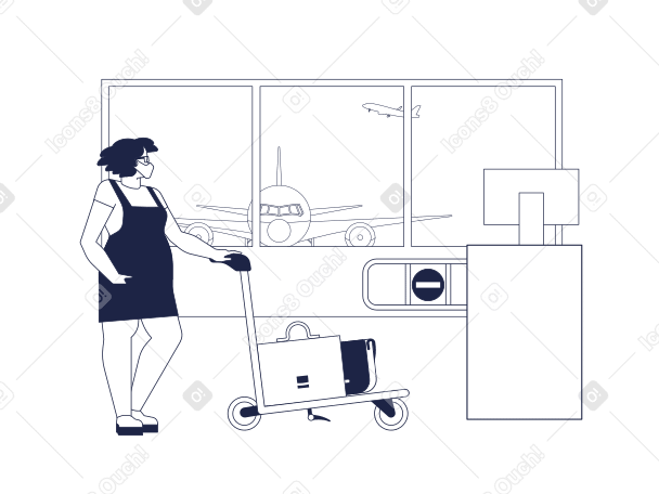 Une femme avec des bagages à l'aéroport sur le contrôle immunitaire PNG, SVG