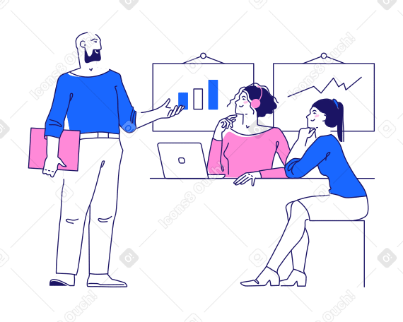 Two women and man in office discuss business growth charts Illustration in PNG, SVG