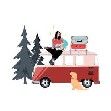 Girl with guitar sitting on the camper's roof and looking at her dog PNG, SVG