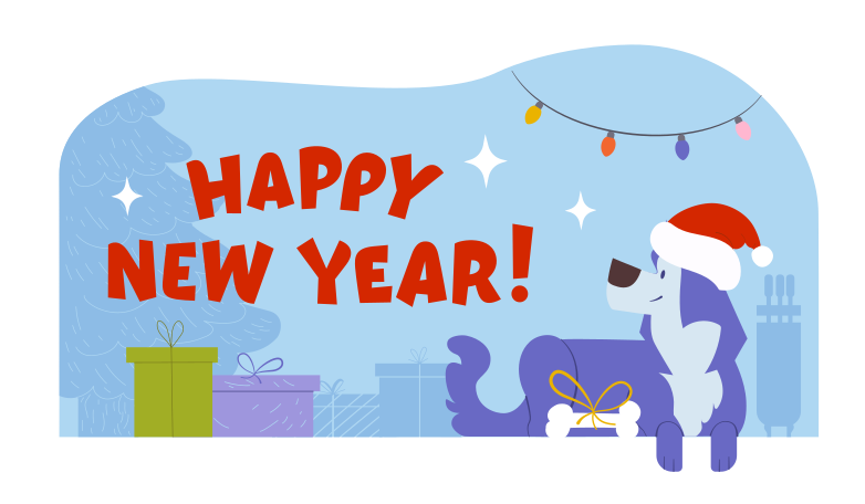 Happy New Year text and dog looking at the gifts Illustration in PNG, SVG