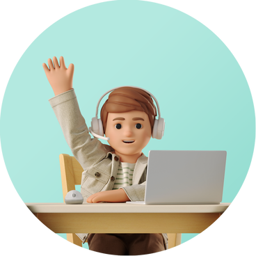 Boy doing online classes raising his hand PNG, SVG
