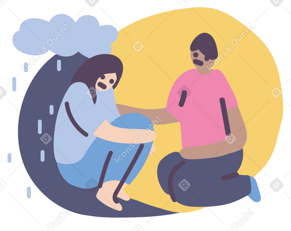 救いの手を貸している男性に対して座っている悲しい女性の上の雨雲 PNG、SVG