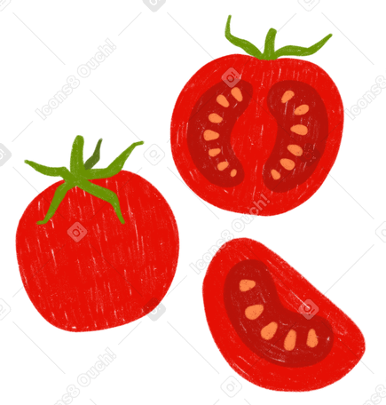 Tomato with a leaf, half of a tomato and a tomato piece PNG, SVG