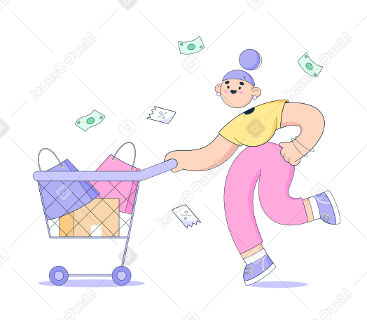 구매로 가득 찬 쇼핑 카트를 밀고 있는 행복한 여성 PNG, SVG
