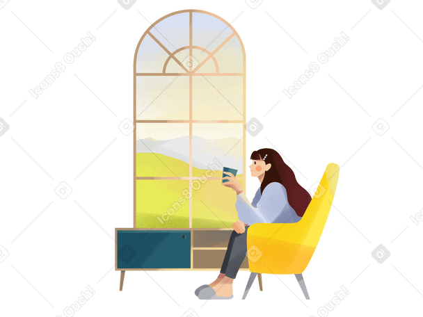 A girl with a mug in her hands sits by the window with a summer landscape Illustration in PNG, SVG
