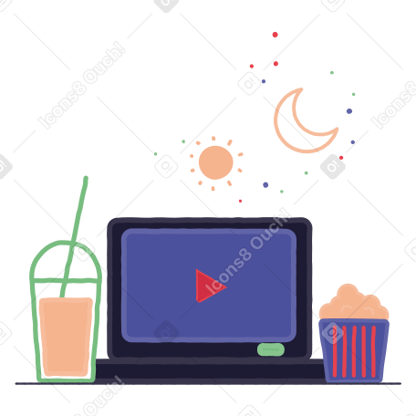 Leisure time with movie, popcorn and glass of drink PNG, SVG