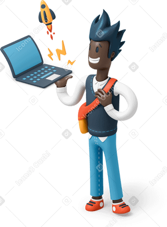 3D Man presenting business idea on laptop PNG, SVG