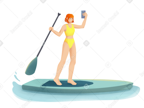 Jeune femme en maillot de bain jaune prend un selfie debout sur un sup board PNG, SVG