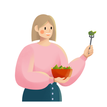 Young woman in pink sweater eating salad PNG, SVG
