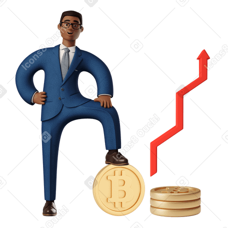 3D Flèche de croissance et pièces cryptographiques à côté d'un homme d'affaires prospère PNG, SVG