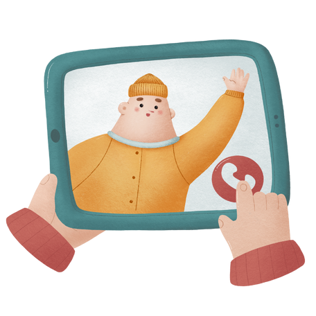 Hand holds a tablet and ends a video call Illustration in PNG, SVG
