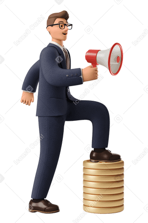 3D Businessman stepping on a stack of bitcoins speaking through megaphone PNG, SVG