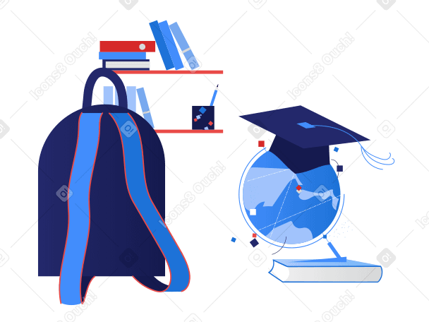Globe in a graduation hat next to a backpack against the background of bookshelves в PNG, SVG