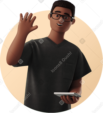 3D joyful man with phone waving his hand PNG, SVG
