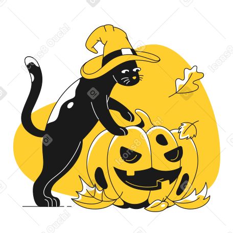 Кошка-ведьма с тыквой на хэллоуин в PNG, SVG