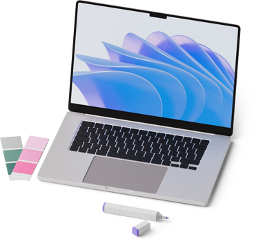 Vue isométrique de l'ordinateur portable, des palettes de couleurs et du marqueur PNG, SVG