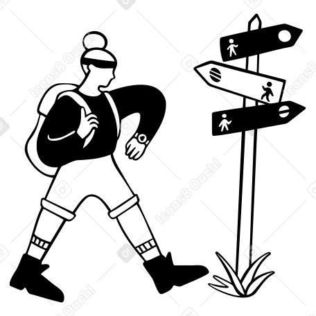 Woman with backpack hiking by signpost, looking at smartwatch PNG, SVG