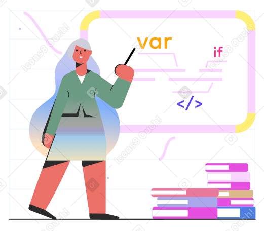 Учитель информатики объясняет программирование у доски в PNG, SVG