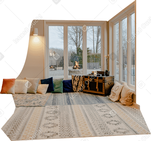 枕とカーペットのある部屋の背景 PNG、SVG