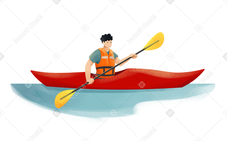 Young man in orange life vest is kayaking Illustration in PNG, SVG