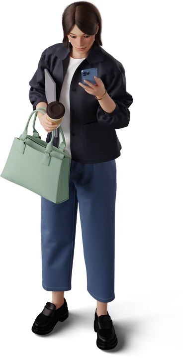 isometric view of young woman looking at phone screen PNG, SVG
