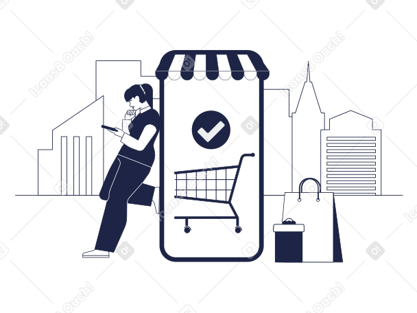 Illustration La femme fait des achats dans la boutique en ligne et se tient à côté du smartphone avec auvent du magasin aux formats PNG, SVG