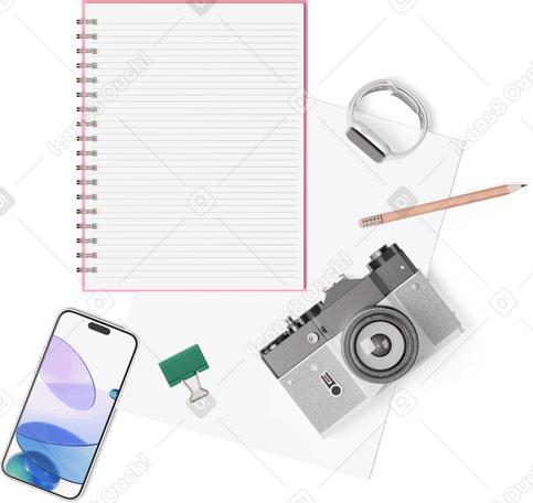 3D top view of notebook, smartphone, camera and smartwatch PNG, SVG