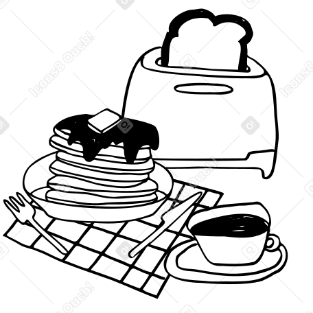 토스트, 팬케이크, 커피 한잔으로 구성된 아침 식사 PNG, SVG