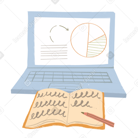 Laptop with presentation and an open book PNG, SVG